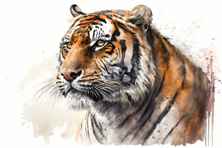 A watercolor drawing of a tiger. Portrait on a white background as a picture. Generative AIの素材