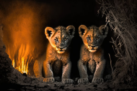 Africa was on fire. Two baby lion cubs in Africa. Botswana wildlife. The savannah was destroyed by a lion and a fire. Animal in fire damaged area, black ash and cinders, Savuti, Chobe NP, Botswana. Generative AIの素材
