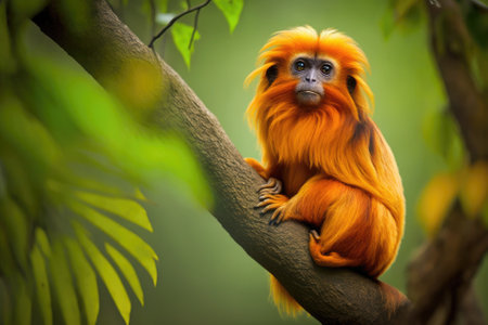 An endangered Golden lion tamarin (Leontopithecus rosalia) sitting on a tree in one of the few remaining patches of Atlantic rainforest where they still live, Silva Jardim, Rio de Janeiro state, Brazi. Generative AIの素材