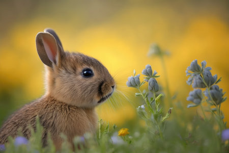 A young rabbit in the background smells a flower. Generative AIの素材