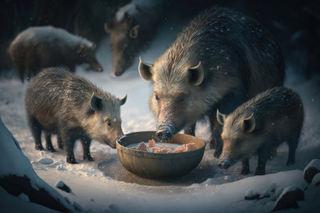 In the winter forest, wild boars came to the feeder to eat grain. A mother pig and her babies can live through the winter. During the winter, people help feed wild animals. Image with only some parts . Generative AIの素材