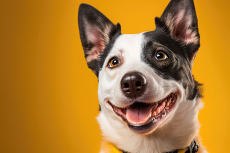 A smiling headshot of a cute, happy dog on a bright yellow background. Generative AIの素材