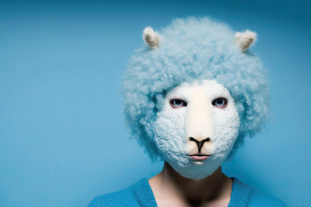 A picture of a young woman wearing an alpaca mask, set against a blue background with copy space. Generative AIの素材