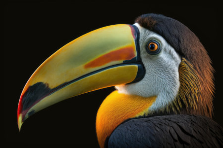 Channel billed Close up Portrait of a bird with a big beak. Toucan, Ramphastos vitellinus. Isolated on a Black Background. Generative AIの素材