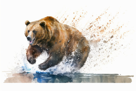 Bear splashing paints in watercolor, on a white background, hand drawn, realistic wild animal. Generative AIの素材