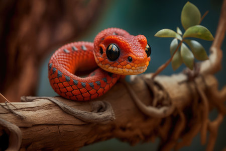 Baby Red boiga snake on a tree, close up of a baby Red boiga snake on a branch. Generative AIの素材