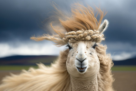 Funny alpaca on a windy day. Camelid from South America. Generative AIの素材