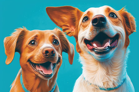 Banner with two dogs who are happy and smiling. and eyes shut. Stands out against a blue background. Generative AIの素材