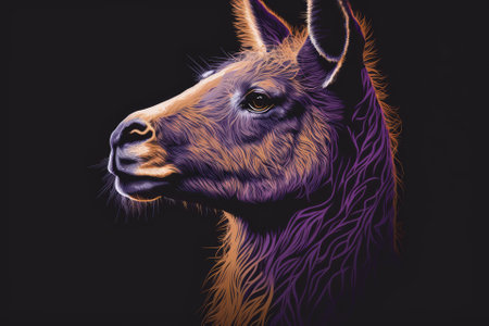 Alpaca Llama portrait. A hand drawn, abstract, multicolored portrait of an alpaca or llama on a background of dark purple. Generative AIの素材