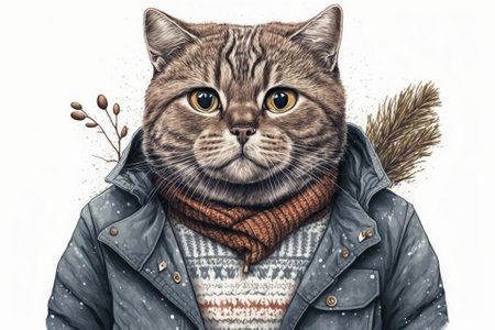 Animals as a human. Cat in sweater and down vest. Illustration was drawn by hand and colored digitally. Generative AIの素材
