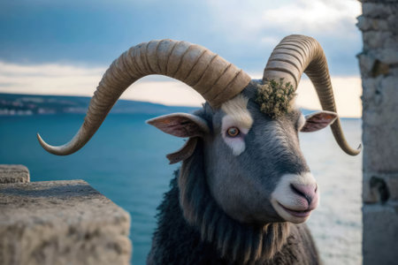 A picture of a sheep with beautiful horns in Croatia at Easter. Generative AIの素材