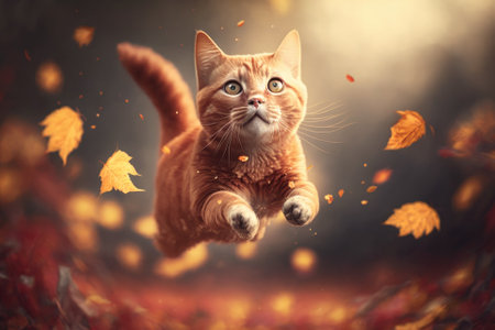 Funny autumn red cat flying through the air. Generative AIの素材