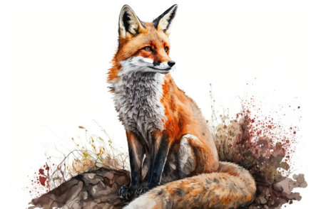 A watercolor picture of a fox. Portrait of a wild, cute red fox sitting. Animal with red fur and black paws that lives in the wild. Wild animal seen from the front. Adorable mammal element. On a white. Generative AIの素材