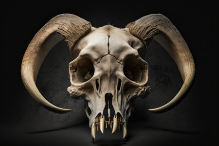 Close up of old, dry sheep skull bones, set against a dark studio background. Generative AIの素材
