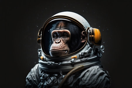 Astrochimp monkey standing in front of a black background while wearing a spacesuit. Generative AIの素材