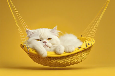 Adorable white cat on yellow hammock on yellow background. Generative AIの素材