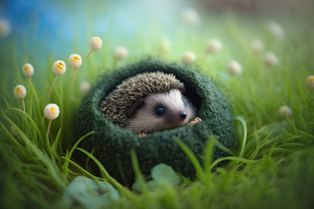 Close up of a hedgehog in the grass, curled into a ball and lying on its side. Animal out in nature. forest animals. A needlework picture of a hedgehog. Small mammals. Cute hedgehog in green grass. Generative AIの素材
