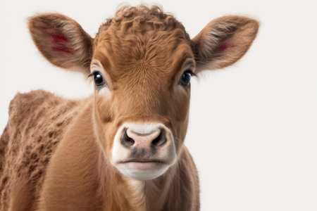 A young brown calf with only its face looking at the camera, set against a white background and with space for text. Generative AIの素材