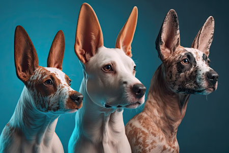 Close up of the heads of three dogs made of hide. Stands out against a blue background. Generative AIの素材