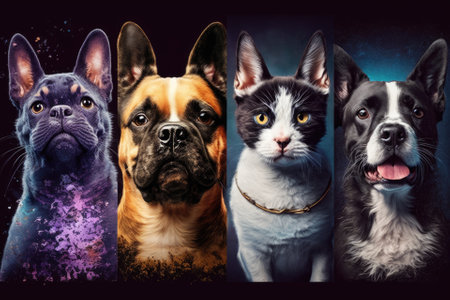 Cute and stylish dogs and cats striking poses. Cute pets happy. All of the purebred dogs and cats. Collage of art set against a background of different colors in a studio. Front view, modern design. C. Generative AIの素材