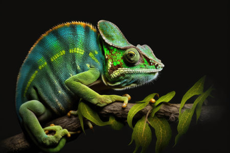 Chameleon with black background, beautiful of chameleon, chameleon branch, chameleon panther. Generative AIの素材