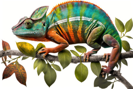 Chameleon with white background, beautiful of chameleon, chameleon branch, chameleon panther. Generative AIの素材