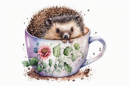 Cute spiky prickly needle adorable happy hedgehog little animal hand drawn in watercolor, Nursery childish print. Illustration of a hot drink in a coffee mania cappuccino espresso cup made of ceramic. Generative AIの素材