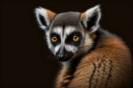 Close up of ring tailed lemur animal from Madagascar, isolated on black background. Generative AIの素材