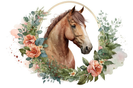 Brown Horse in floral plant spring frame, circle, or wreath with peonies and roses, isolated on white background. Picture, head. Watercolor. Illustration. Generative AIの素材
