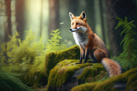 Fox in green forest. Forest animals. Red Fox, Vulpes vulpes, sitting on mossy stone in the forest. Scene of wildlife in the wild. Animal in nature habitat. Animal in green environment, Germany, Europe. Generative AIの素材
