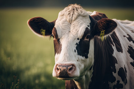 Close up picture of a cow in a meadow. Farm animal . Photo of good quality. Generative AIの素材