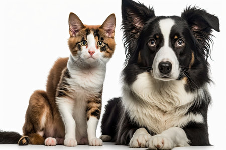 Border collie dog and kitten both look at camera while sitting together. stand out against a white background. Generative AIの素材