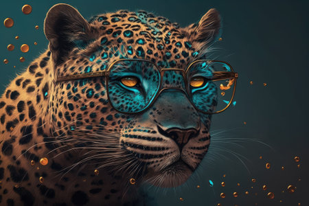 First drawing of a leopard wearing glasses with mirrors. Stands out against a colored background. Generative AIの素材