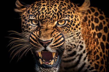 Close up of a big, beautiful, angry leopard on a black background. Generative AIの素材