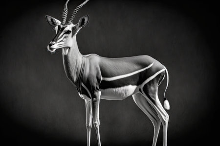 Big Horn Black and White Impala Standing on Black Background. Generative AIの素材