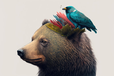 Drawing of a bear with a bird on his head. Generative AIの素材