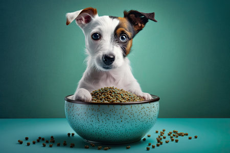 Cute Jack Russell Terrier with dry food in a bowl on a color background. Generative AIの素材