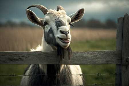 Happy billy goat with a white beard looking over the fence. Generative AIの素材