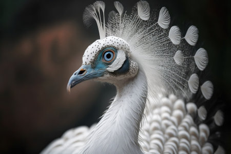 Close up of a beautiful white peacock with its feathers out. Generative AIの素材