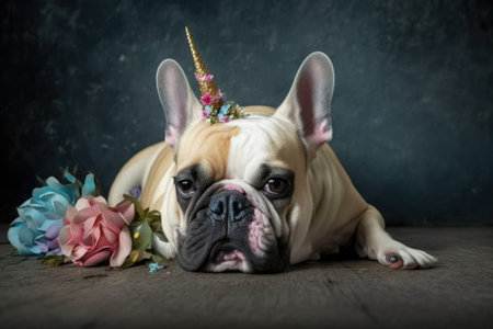 Grumpy French Bulldog with an angry look on its face, dressed as a unicorn with a flower headband and horn, lying flat on the ground. Generative AIの素材