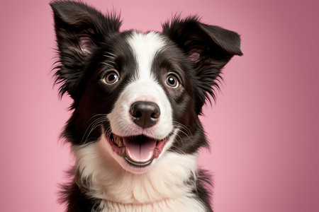 Cute border collie puppy dog dog smiling in studio isolated on pink background. A new member of the family, a small dog, looks around and waits for a treat. Care for pets and ideas about animals. Bann. Generative AIの素材