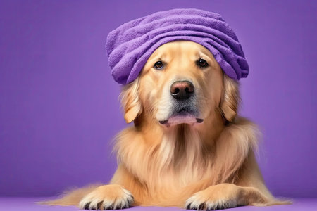 Dog at a spa, with a towel on his head and a body brush. For beauty procedures, a Golden Retriever sits on a purple background. Pet grooming. Generative AIの素材