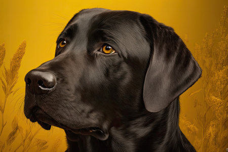 Close up hide black labrador dog Isolated against a yellow background. Generative AIの素材
