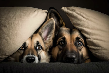 Dog mischief. After biting a pillow, two dogs looked innocent. The idea of separation anxiety and obedience. Generative AIの素材