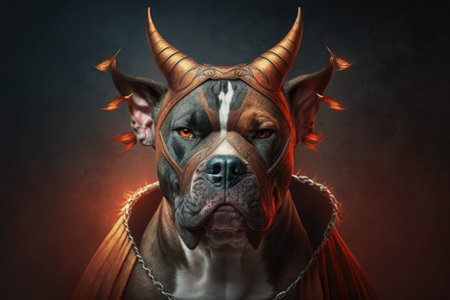 For Halloween, an American Bully dog was dressed up in a costume. A dog in a devil costume. Making sure the dog is ready for Halloween. Generative AIの素材