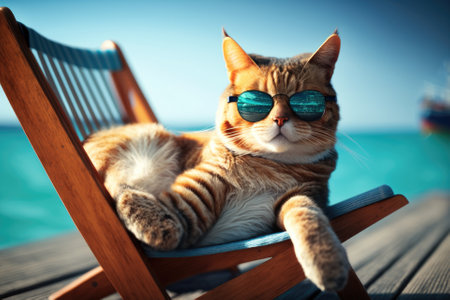 Cat with sunglasses taking it easy on a deck chair by the water. Generative AIの素材