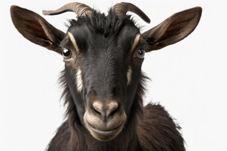 Goat by itself. Head of a black goat that looks funny and silly, set against a white background with a clipping path. Generative AIの素材