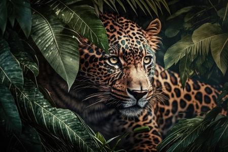 Close up picture of a leopard in the jungle with a leaf. Generative AIの素材