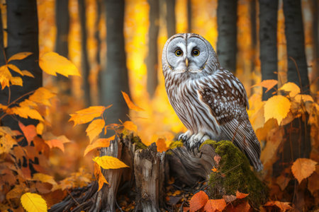Fall in the woods with an owl. The Ural Owl, Strix uralensis, is sitting in an oak forest in Norway on a branch with orange leaves. Scene of wildlife in the wild. Generative AIの素材