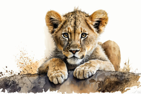 Lion cub done in watercolor. Animal cub illustration. Generative AIの素材